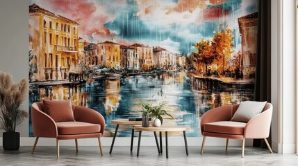 Obraz premium Colorful painted cityscape scene on a wall.