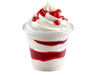 Classic vanilla soft serve sundae topped with strawberry sauce in a transparent plastic cup. Photorealistic fast food dessert isolated on white background, ideal for menu designs and food advertisemen