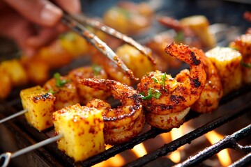 Juicy shrimp and sweet pineapple chunks are being expertly turned on a barbecue grill, showcasing golden browning and vibrant seasoning, perfect for a summer cookout atmosphere
