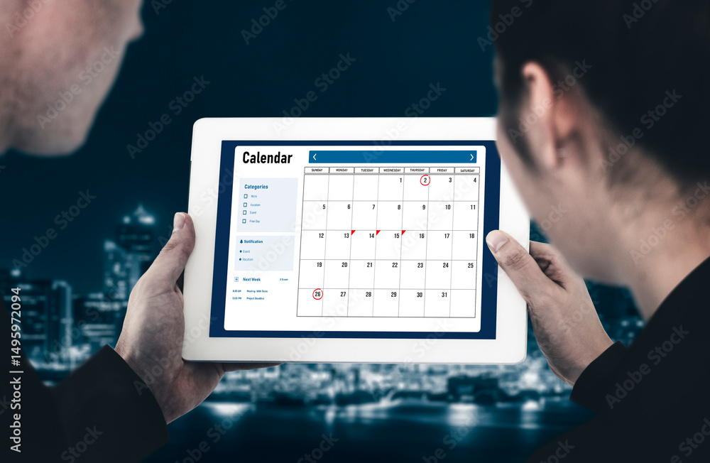 Poster calendar on computer software application for modish schedule planning for personal organizer and on