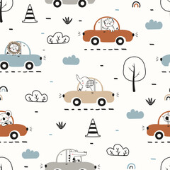 Cute seamless vector pattern with animal cars. Elephant, tiger, koala, crocodile and lion driving happily. Cartoon transportation background. Ideal for kids' fabric, textile, wrapping, and apparel. © LindaAyu