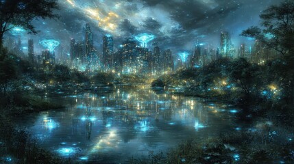 Futuristic city reflected in a luminous lake.