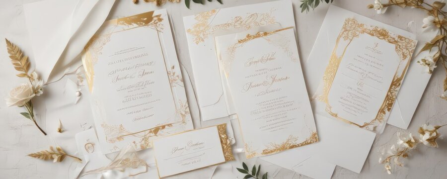 Elegant wedding invitation suite, flat lay  Gold foil detailing, crisp white paper stock ,  flatlay,  mail,  announcement