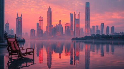 Sunrise cityscape reflection over tranquil lake.