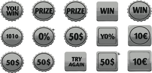 Lottery scratch inspiring words - scuffed weathered monochrome geometric label templates.