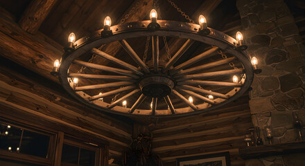 Obraz premium Rustic Chandelier Illuminating a Cozy Wooden Cabin Interior With Natural Charm