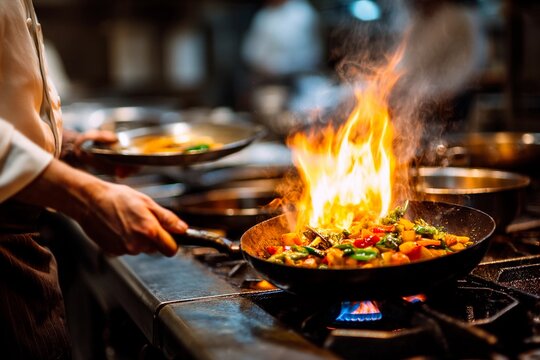 A chef skillfully tosses vibrant vegetables in a sizzling pan over high heat, creating flames in a bustling kitchen during the evening service. The lively atmosphere showcases culinary expertise