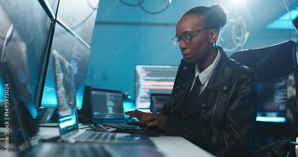 Poster business, computer and black woman with cyber security, night and thinking with software update. afr