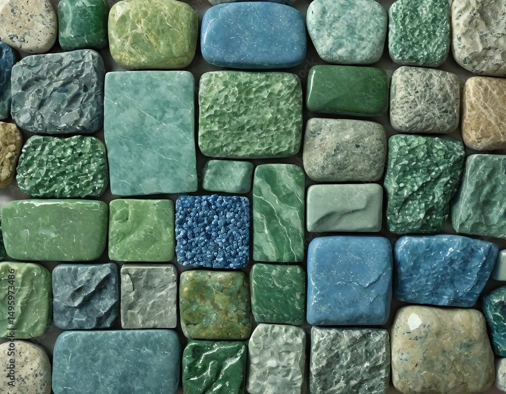 Poster a stunning arrangement of amazonite stones displays an array of shapes and hues, ranging from deep b