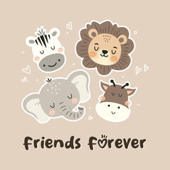 Set of Cute Safari Animals for Kids.Childish Cartoon Animals Background. Cute Cartoon lion, Zebra, Giraffe, and Elephant. design for background, wallpaper, fabric, textile and more.
