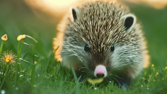 Cute young hedgehog in grass, a small bristly mammal in its wild nature