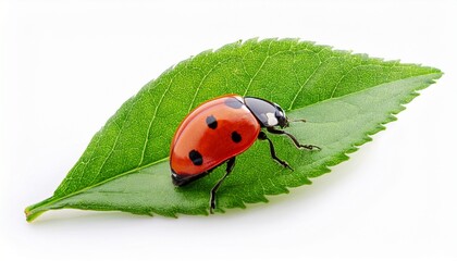 ladybug sitting on green leaf isolated on white background