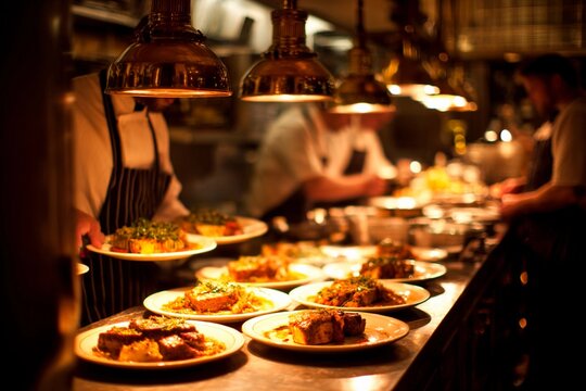 Chefs work diligently in a heated kitchen, plating various gourmet dishes under warm, glowing lights while food is being served to eager diners during an evening rush