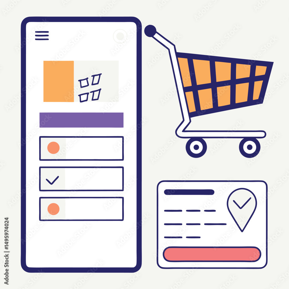 Poster online shopping app interface with cart and order confirmation