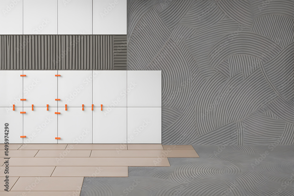 Poster tiling in progress installing ceramic tiles on wall and floor