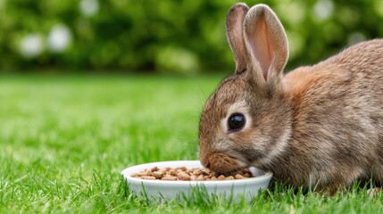 Fototapeta premium A brown baby rabbit eats from a small bowl in the grass, enjoying a meal in a green backyard.