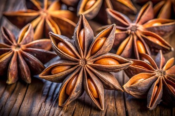 Aromatic star anise pods on wooden surface close up still life, star anise, anise, star, spice, aromatic, flavor, ingredient, food, cooking, cuisine, herbal, natural, plant, seed, pods, wooden, wood, 