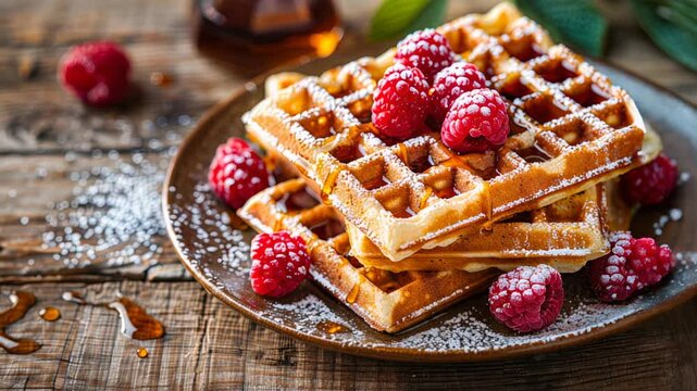 Indulge yourself in exquisite, delicious waffles topped with fresh raspberries and drizzled with syrup