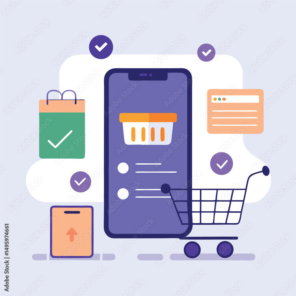 Aufkleber mobile shopping app interface design with checklist and cart