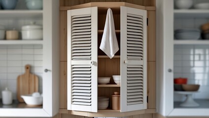 Fototapeta premium Stylish kitchen with louvered shutter cabinet and towel