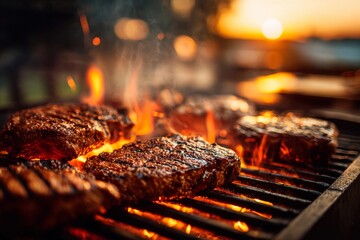 A backyard barbecue features sizzling steaks on a grill, flames dancing around them as the sun sets...