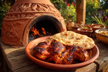Juicy grilled chicken is served on a rustic plate alongside freshly baked naan, with a traditional clay oven glowing warmly in the background amid vibrant greenery