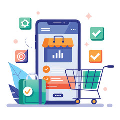 Mobile Shopping App Interface with Cart and Checkmarks