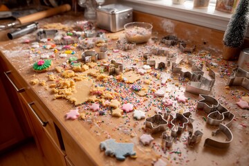A messy kitchen countertop is covered with cookie dough, colorful sprinkles, and various cookie cutters as baking activities unfold during the holiday season