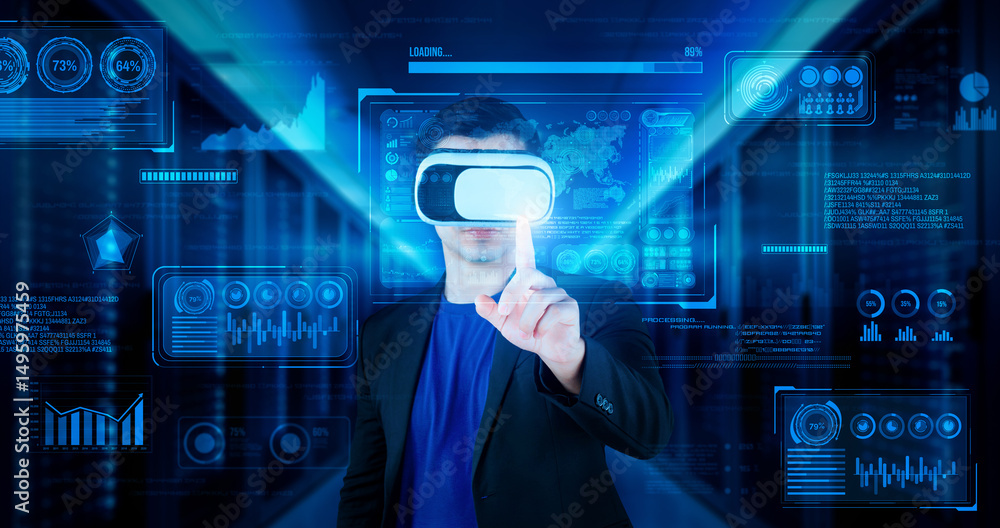 Poster businessman with headset standing at data center while analyzing financial data. manager pointing ma