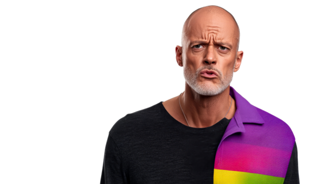 Middle aged adult making a skeptical face, cut out transparent