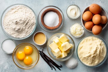 Various baking ingredients are neatly arranged on a countertop in a bright kitchen. Flour, sugar, butter, eggs, and vanilla are ready for use in delicious recipes