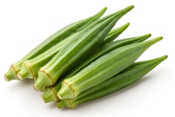 Fresh green okra pods stacked on a white background in studio, okra, ladies fingers, vegetable, green, fresh, food, healthy, raw, organic, ingredient, isolated, white background, studio shot, close up