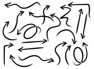 Hand-Drawn Arrow Set – A collection of brush-style sketch arrows, featuring doodle-like pointers, curved lines, spirals, and chaotic swirls. Artistic and expressive design elements