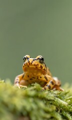 Obraz premium Macro eye-level closeup of a brown amphibian frog or toad on grass, a leaf, or the ground, isolated in nature