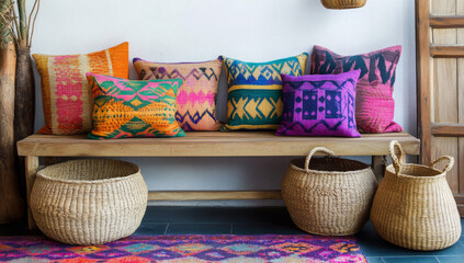 Colorful Throw Pillows and Cozy Sofa Interiors – Modern Home Decor Photography. AI generative.