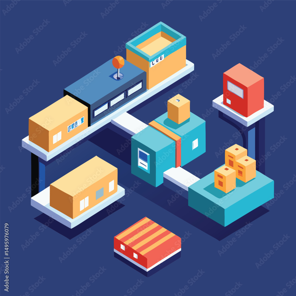 Poster isometric illustration of automated package sorting system