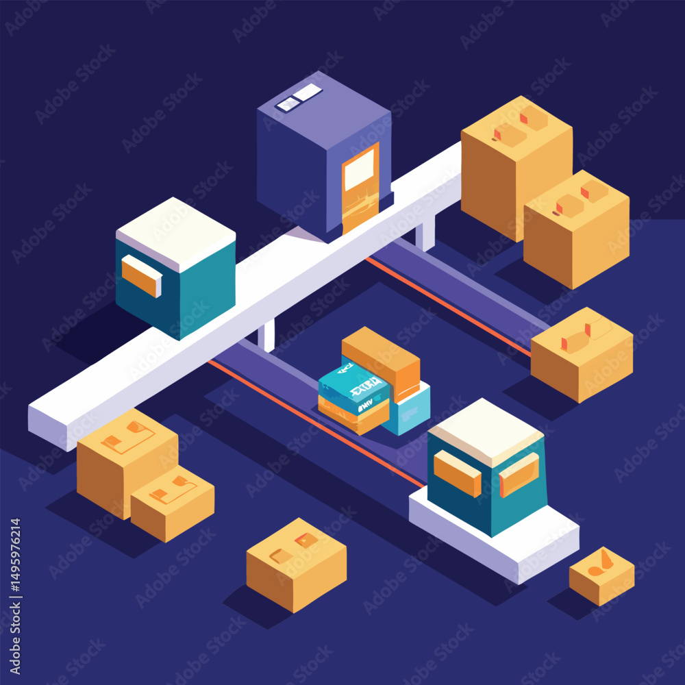 Poster isometric illustration of automated warehouse package sorting system