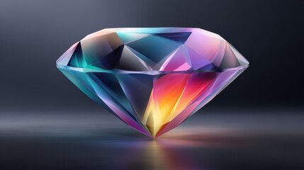 A luminous, multifaceted diamond shimmers with a vibrant spectrum of colors, creating a captivating display of light and brilliance on a dark surface, sparkling beautifully.