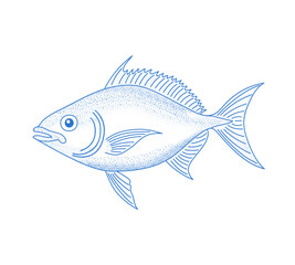 A fish illustration with textured fine dot shading gives it a retro engraving aesthetic. Perfect for the seafood menus, banners, ads, prints, or posters. Vector illustration.