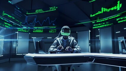 Futuristic caucasian woman in virtual reality financial hub analyzing stock market trends - Powered by Adobe