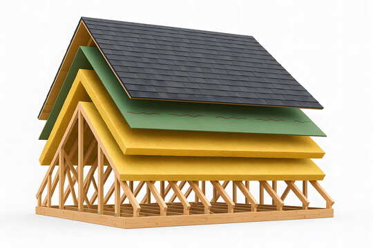 Cutaway view of roof construction showing layers and materials