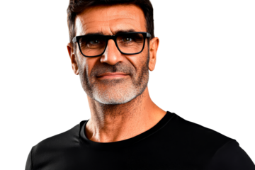 Mature adult portrait with glasses, neutral expression, cut out transparent