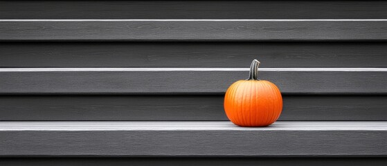 A small orange pumpkin sits on a gray wooden step.