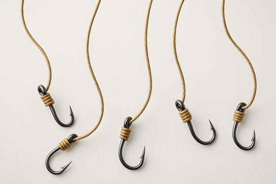Close-up of multiple fishing hooks with rope and lines