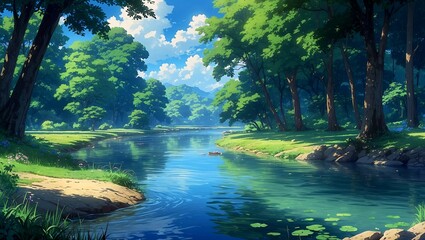 Obraz premium Tranquil river landscape in a dreamy anime realm