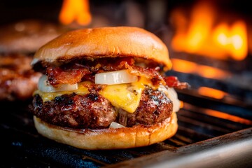Juicy burger stacked with melted cheese, crispy bacon, and onions sits on a grill. Flames rise in the background, showcasing a summer barbecue atmosphere
