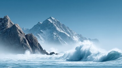 Majestic 3D Ocean Cliff with Massive Waves Crashing Against Rocks and Rising Mist