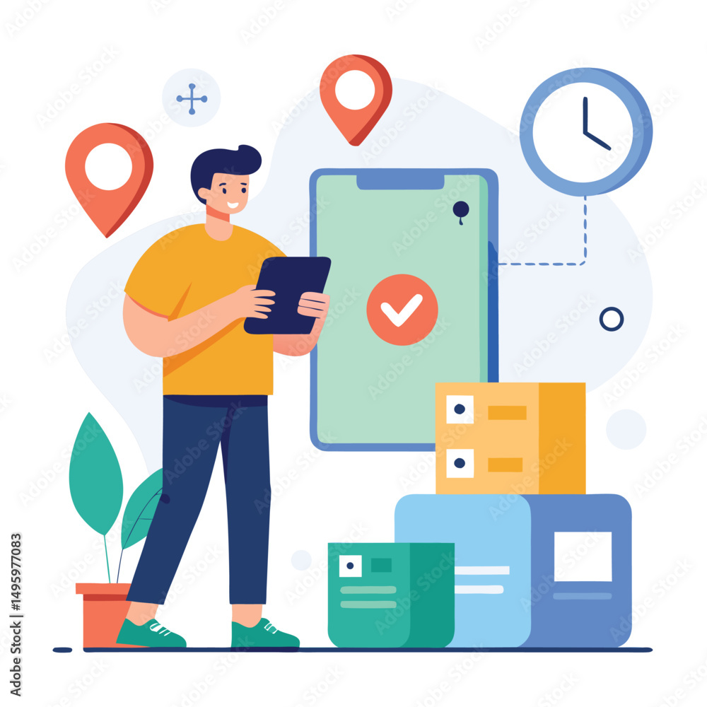 Poster man tracking packages on mobile app with location tracking