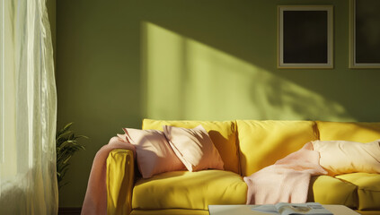 Colorful Throw Pillows and Cozy Sofa Interiors – Modern Home Decor Photography. AI generative.