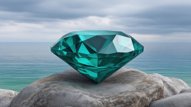 A brilliant emerald cut gemstone rests on a weathered rock, glistening under the soft sky with a vast, serene ocean creating a picturesque backdrop.